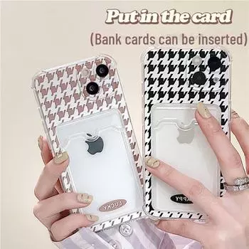 Чехол-держатель для карт Zhitai Houndstooth, совместимый с iPhone 15 Pro/16/14/6/7/8 Plus, прозрачный iPhone 16 Pro