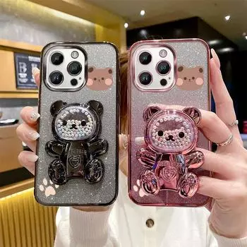 Чехол-держатель для телефона 15Pro 14Pro Glitter Bling Bear для iPhone 15 14 13 12 11 Xs Pro Max Mini X XR Apple 6 6s 7 8 Plus Stand Cover For iPhone 15&Case & Holder чёрный