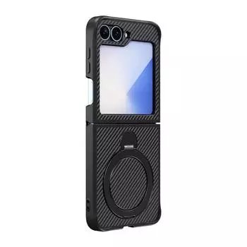 Чехол-держатель для телефона из кожи с вращающимся кольцом из углеродного волокна для Samsung Galaxy Z Flip 6 5 4 3 Flip6 Flip5 Flip4 Flip3 Защитный чехол Samsung Z Filp 3/4 чёрный