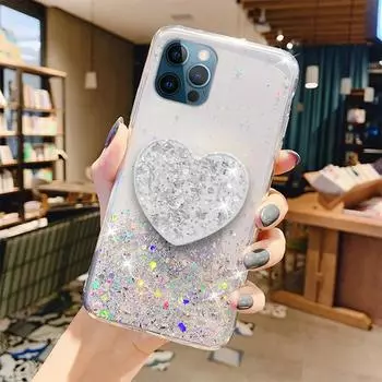 Чехол-держатель для телефона с блестящим сердечком и сердечком для iphone 15 14 13 12 Mini 11 Pro XS Max XR X 8 7 6 6S Plus SE, силиконовый чехол For iphone 12 Pro