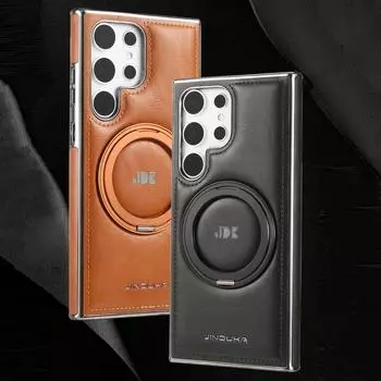 Чехол-держатель из кожи Business Leather с магнитным вращающимся кронштейном для Samsung Galaxy S24 Plus S23 S22 Ultra для MagSafe Luxury, защита объектива, противоударный чехол для телефона Samsung S24 серый