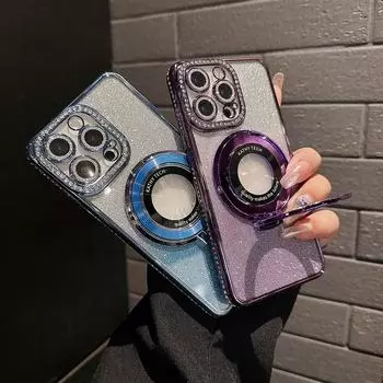 Чехол-держатель с блестками и бриллиантами для Samsung Galaxy S25 S24 Ultra S23 S22 Plus A54 A15 A34 A35 A53, чехол-кронштейн для iPhone Huawei P70 Huawei Mate 60 Pro чёрный