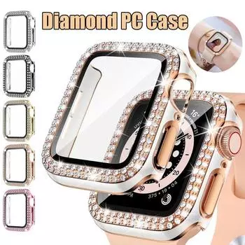 Чехол Diamond PC с закаленным стеклом для Apple Watch Series SE 9 7 6 8 5 4 3 2 1 Женские аксессуары Чехол+Защитная пленка для экрана для iWatch 41 мм 45 мм 44/40 мм 45mm for apple watch прозрачный