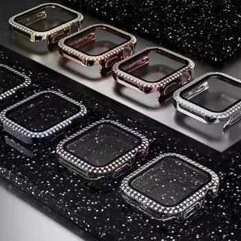 Чехол Diamond PC с закаленным стеклом для Apple Watch Series 9 8 7 SE 6 5 4 3 2 1 Женские аксессуары Чехол+Защитная пленка для экрана для iWatch 45 мм 41 мм 44/40 мм 38mm for apple watch чёрный