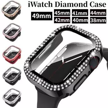 Чехол Diamond+Tempered Film для Apple Watch Ultra 49 мм 45 мм 44 мм 41 мм 40 мм 42 мм 38 мм Стеклянный защитный чехол для iWatch Series 9 8 7 6 5 SE Shell For iWatch 38mm серебряный
