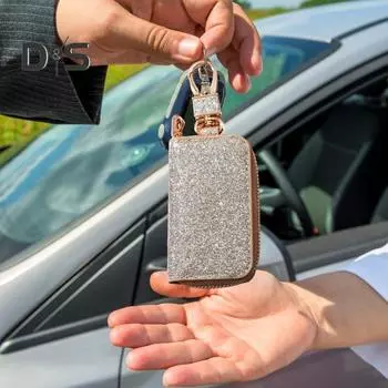Чехол для автомобильного ключа из искусственной кожи, мини, портативный, блестящий, для мужчин и женщин, сумка для ключей от машины, брелок с дистанционным управлением, держатель для ключей, сумка-молния, защитный чехол серебряный