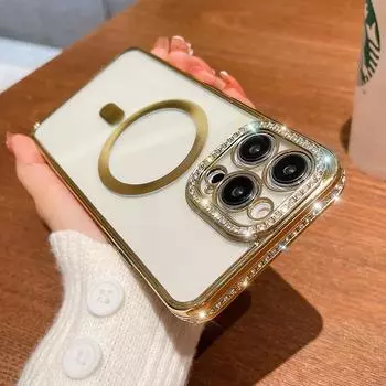 Чехол для беспроводной зарядки Magsafe для Iphone 14 13 12 11 Pro Max, противоударный роскошный прозрачный силиконовый чехол с блестками и бриллиантами for iphone 11 pro красный