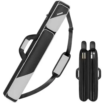 Чехол для бильярдного кия PEKREWS Чехол для бильярдных клюшек 2x2 вмещает 2 клюшки с 2 карманами на молнии для аксессуаров Прочная сумка для переноски бильярдного кия из полиэстера с плечевым ремнем