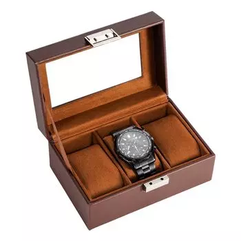 Чехол для часов ProCase, футляр для коллекции часов из ПУ, мужской ящик для хранения, стеклянная крышка, витрина, подарок (для 3 часов, коричневый)