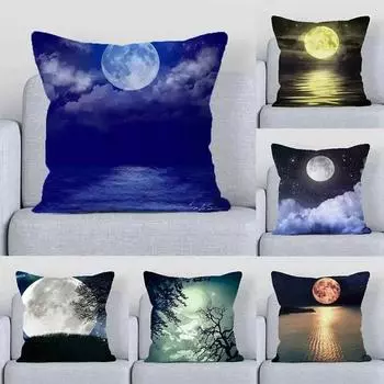 Чехол для дивана для офиса, гостиной, роскошное украшение для дома, наволочка с принтом «Лес, озеро, лунный свет» 40x40cm