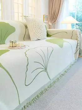 Чехол для дивана INS Style, универсальное четырехсезонное нескользящее полотенце с бахромой и декором из листьев гинкго, полотенце для дивана, в комплекте чехол, полотенце из ткани 180x130