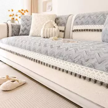 Чехол для дивана из французского плюша, утолщенный чехол для дивана, волнистый узор, плюшевые чехлы для дивана с кисточками и шариками, однотонная подушка для дивана в кремовом стиле 70x70