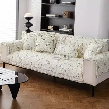 Чехол для дивана из хлопка с оборками по краям, цветочный свежий стиль, нескользящая подушка для дивана, универсальное защитное полотенце для дивана на все времена A 70x70