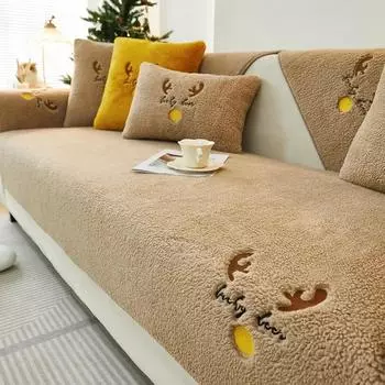 Чехол для дивана из плюша с овечьей шерстью, универсальный нескользящий коврик для дивана, рождественская вышивка, полотенце для дивана, подушка для гостиной в форме буквы L 70x70cm 1pcs