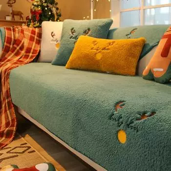 Чехол для дивана из плюша с овечьей шерстью, универсальный нескользящий коврик для дивана, рождественская вышивка, полотенце для дивана, подушка для гостиной в форме буквы L 70x70