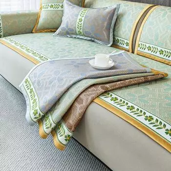 Чехол для дивана из ротанга, летняя подушка для льда из натурального плетения растений, холодильник из ледяного шелка, подушка для дивана в гостиной, нескользящий кожаный чехол для дивана 60x60cm 1pcs синий