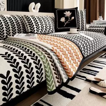 Чехол для дивана из шенилла с рисунком колосьев пшеницы и листьев в полоску, нескользящая подушка для дивана, универсальная подушка для домашнего интерьера в ресторане на все времена года 70x70cm 1pcs