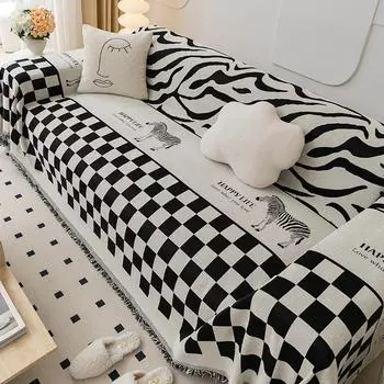 Чехол для дивана из шенилла в черно-белую клетку, цельный, все включено, полный комплект, подушка для дивана, универсальное полотенце для дивана Four Seasons 180*130cm