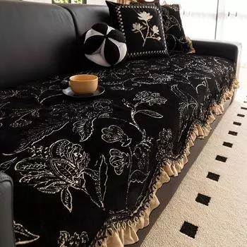 Чехол для дивана с французским черным цветочным узором, полотенце для дивана Four Season, ретро-юбка, высококачественный нескользящий кожаный чехол для подушки 90x70