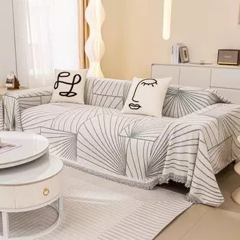 Чехол для дивана с кисточками и геометрическим узором, синель, универсальный четырехсезонный чехол для дивана, нескользящее одеяло, современное полотенце для дивана 180x130cm1pcs