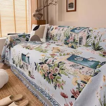 Чехол для дивана с классическим цветочным узором и кисточками, нескользящий, многофункциональный, подходит для защиты мебели от кресел до 4-местных диванов 180*180cm