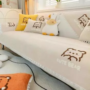 Чехол для дивана с милым медведем, полотенце, универсальная ткань из синели, однотонная подушка для дивана для гостиной, нескользящий подлокотник, чехол на спинку, кружево с ромашками 70x70cm 1pcs