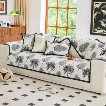 Чехол для дивана с принтом синели, черная кайма, листья, подушка для дивана, светлый, роскошный защитный чехол для дивана в гостиной, нескользящий коврик для дивана 70x70cm 1pcs