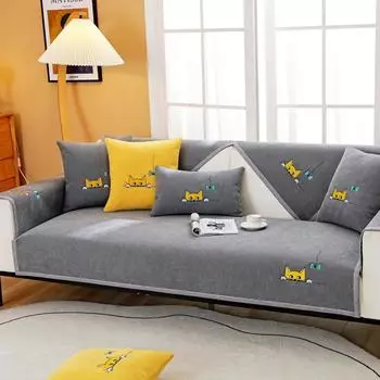 Чехол для дивана с вышитым изображением котенка из шенилла, универсальный, на все времена года, устойчивый к царапинам от кошек, противоскользящий чехол для дивана, гостиная 30x50cm pillowcase оранжевый