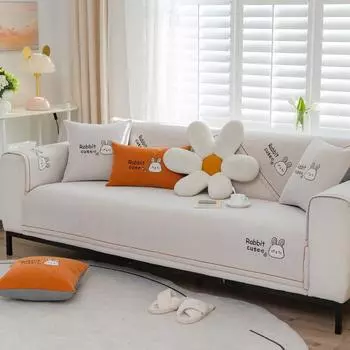 Чехол для дивана с вышивкой кролика, тканевое полотенце, Нескользящий чехол для диванной подушкиSeasons, универсальная диванная подушка из синели с мультяшным рисунком 70x70