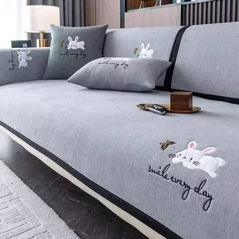 Чехол для дивана с вышивкой кроликов, черный край, удобная универсальная подушка для дивана из синели, однотонная нескользящая ткань для гостиной 70x70