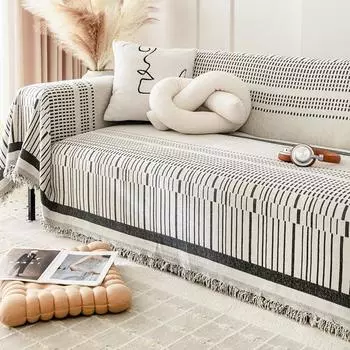 Чехол для дивана в полоску из шенилла в скандинавском стиле на 3/4-местный диван Г-образной формы, чехол для дивана с защитой от царапин от кошек, полотенце, цельный 180x130cm синий