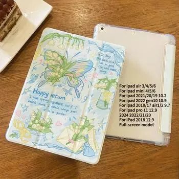 Чехол для iPad Air6 11 с рисунком бабочки-тюльпана, тройной откидной чехол для 2022 г. 10.9, 20.20.21 г. 9.8, 7.10.2 с держателем для карандашей iPad 2021 Gen910.2