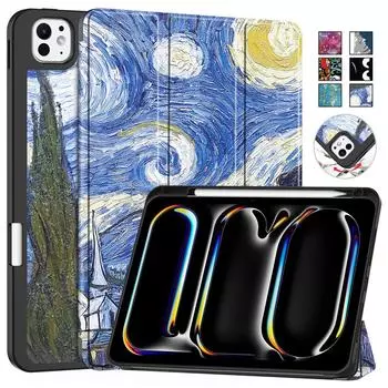 Чехол для iPad Pro 2024, 11 дюймов, тройной кожаный чехол с окрашенной подставкой, 5-го поколения, умный чехол для iPad Pro 11, 2024, чехол с держателем для ручек For iPad Pro 11 2024 розового золота