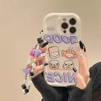 Чехол для iPhone 11/12/13Pro/14/15ProMax с кремовым узором и браслетом iPhone 12