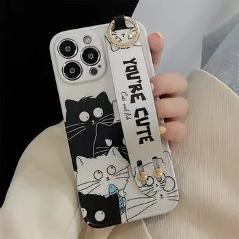 Чехол для iPhone 13/14 с монохромным диким котом для iPhone 11/12 Pro XS Max, XR, XS с браслетом iPhone14promax
