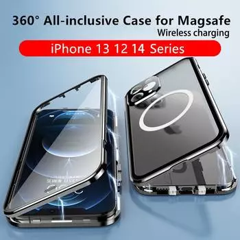 Чехол для iPhone 14 13 12 11 Pro Max/Samsung S22 S23 Ultra S21 Plus Magsafe 360°, полностью закрытая защита, алюминиевый сплав, стекло, магнитная круглая крышка for iPhone 14 чёрный
