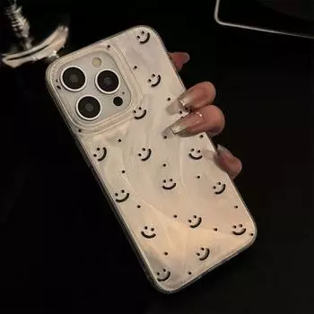 Чехол для iPhone 15 14 13 12 11 Pro Max Plus с серебристо-черным рисунком и изображением улыбающегося лица, глянцевый защитный чехол для телефона из масляного материала For iPhone 15