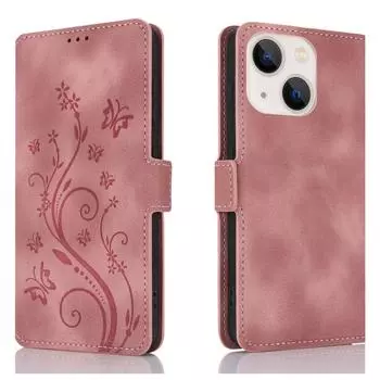 Чехол для iPhone 15 Dreamy Butterfly Love Flower из тисненой кожи(Розовое золото) iPhone 15 розового золота