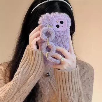 чехол для iPhone 15 Pro: Фиолетовый плюшевый плетеный круглый браслет с креплением 16 Pro Max iPhone 11 Pro Max