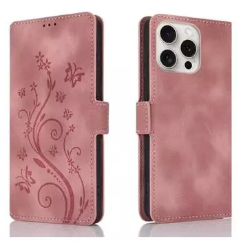 Чехол для iPhone 15 Pro из кожи с тиснением Dreamy Butterfly Love Flower(Розовое золото) iPhone 15 Pro розового золота