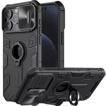 Чехол для iPhone 15 Pro Max, чехол для iPhone 15 Pro с подставкой для кольца, защитный чехол для камеры, сдвижная крышка for iPhone 15 Pro чёрный