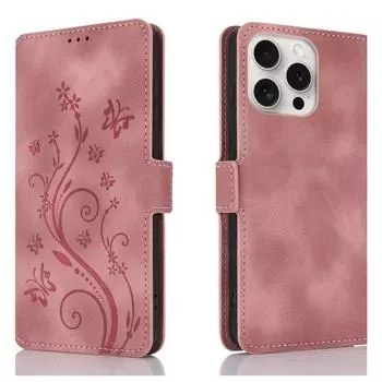 Чехол для iPhone 15 Pro Max Dreamy Butterfly Love Flower из тисненой кожи (Розовое золото) iPhone 15 Pro Max розового золота
