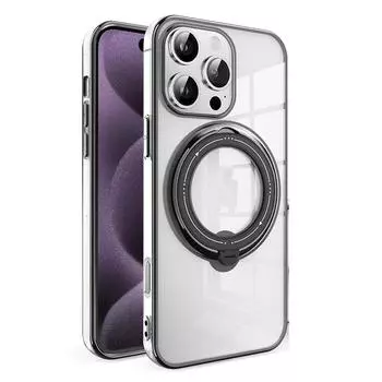 Чехол для iPhone 16 Pro Max с прозрачным покрытием TPU, тонкий противоударный чехол с вращающейся на 360° подставкой for iPhone 16 Pro Max чёрный