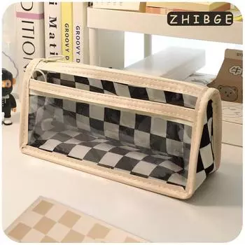 Чехол для карандаша в шахматном стиле Kawaii, большая вместимость, прозрачный чехол для ручек, корейские канцелярские принадлежности для школы и офиса для студентов