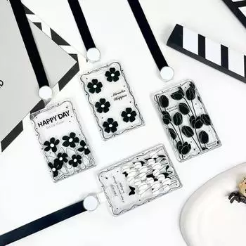 Чехол для карт с черным цветком, прозрачный держатель для студенческой карты, чехол для карты контроля доступа, чехол для карты на пружине, держатель для удостоверения личности