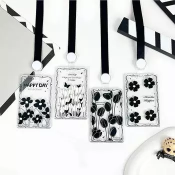 Чехол для карт с черным цветком, прозрачный держатель для студенческой карты, чехол для карты контроля доступа, чехол для карты на пружине, держатель для удостоверения личности