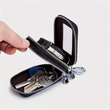 Чехол для ключей из воловьей кожи PU, двухслойный, надежное крепление для хранения ключей от машины на талии - стильная мини-сумка для аксессуаров для салона чёрный