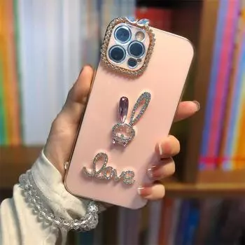 Чехол для мобильного телефона Apple 15Promax с гальваническим покрытием, защитой от падений, полностью силиконовый, с рисунком в виде мультяшного кролика со стразами. Apple 12 Pro Max фиолетовый