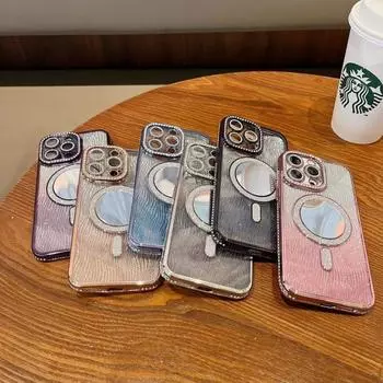 Чехол для мобильного телефона Apple 15PROMAX со стразами и волнами, подходит для iPhone16, блестящий, зеркальный, магнитный, устойчивый к падениям, мягкий чехол iPhone16PRO MAX чёрный