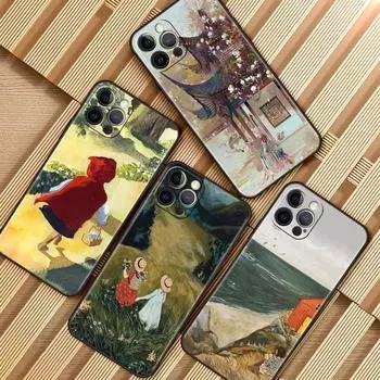 Чехол для мобильного телефона Apple Iphone 13 12 11 Pro 7 8 Plus, черный Cubierta X Xr 6 6s 5 5S, роскошный чехол Funda Para Movil с мультяшным пейзажем для девочек for iPhone 8 7